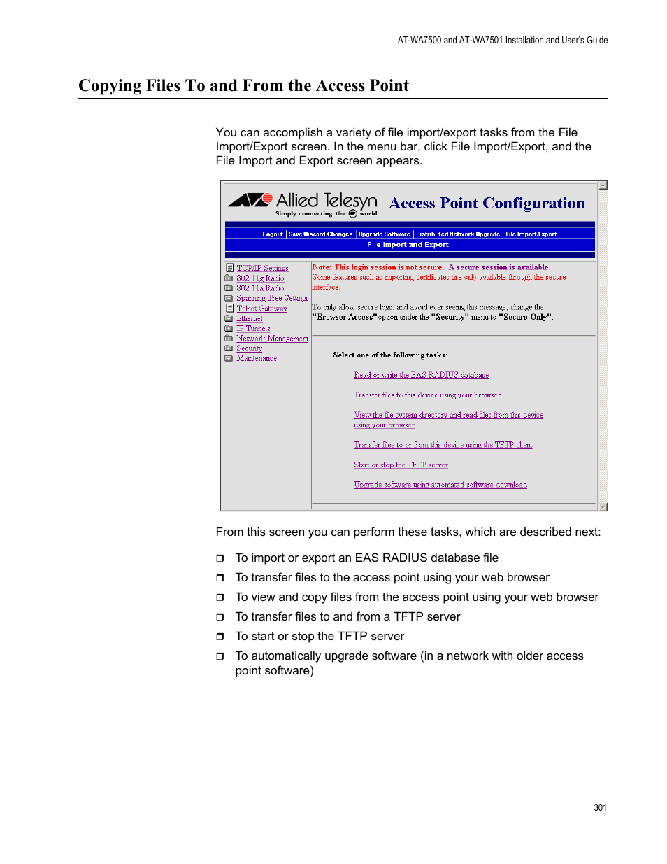 Copying files to and from the access point | Allied Telesis AT-WA7501 User Manual | Page 301 / 352
