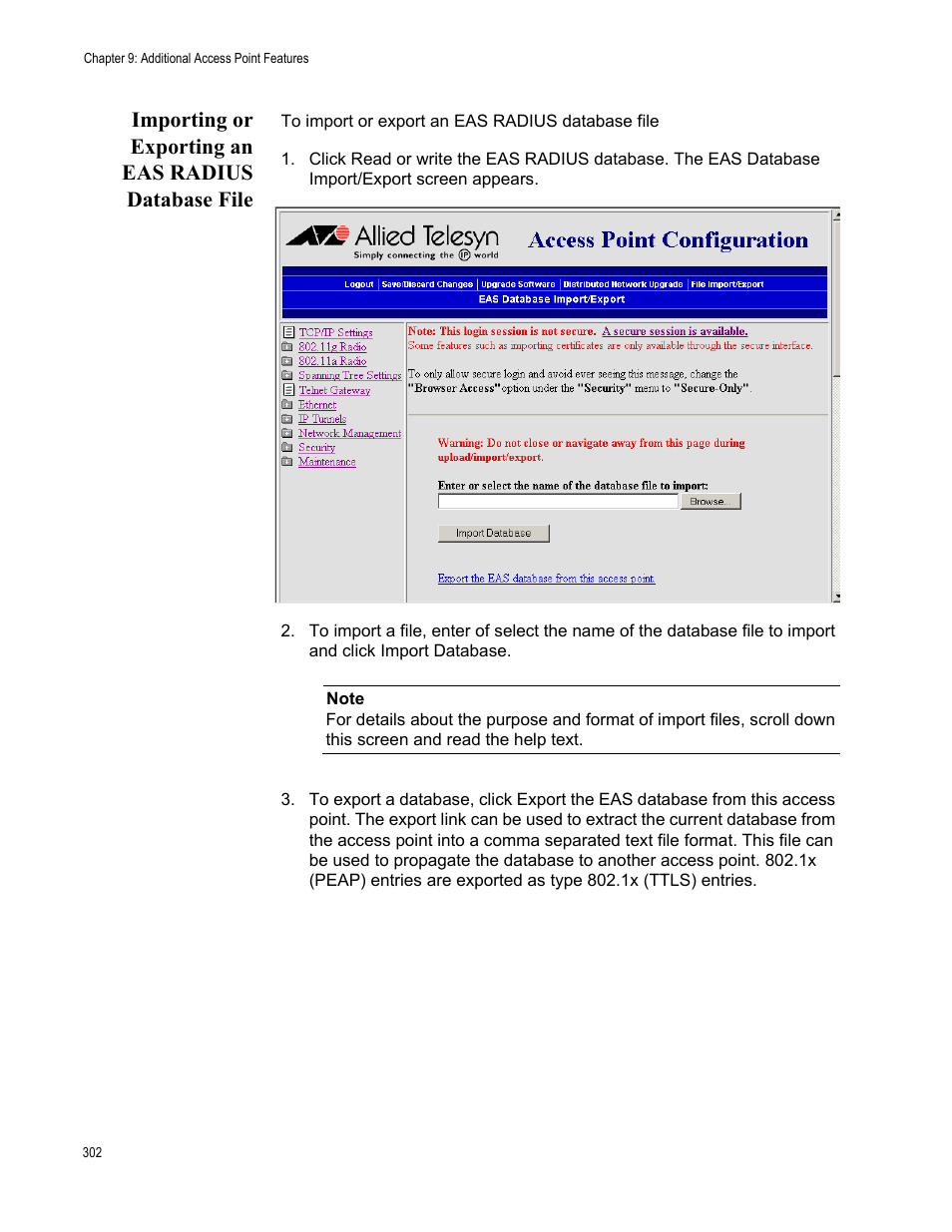 Importing or exporting an eas radius database file | Allied Telesis AT-WA7501 User Manual | Page 302 / 352