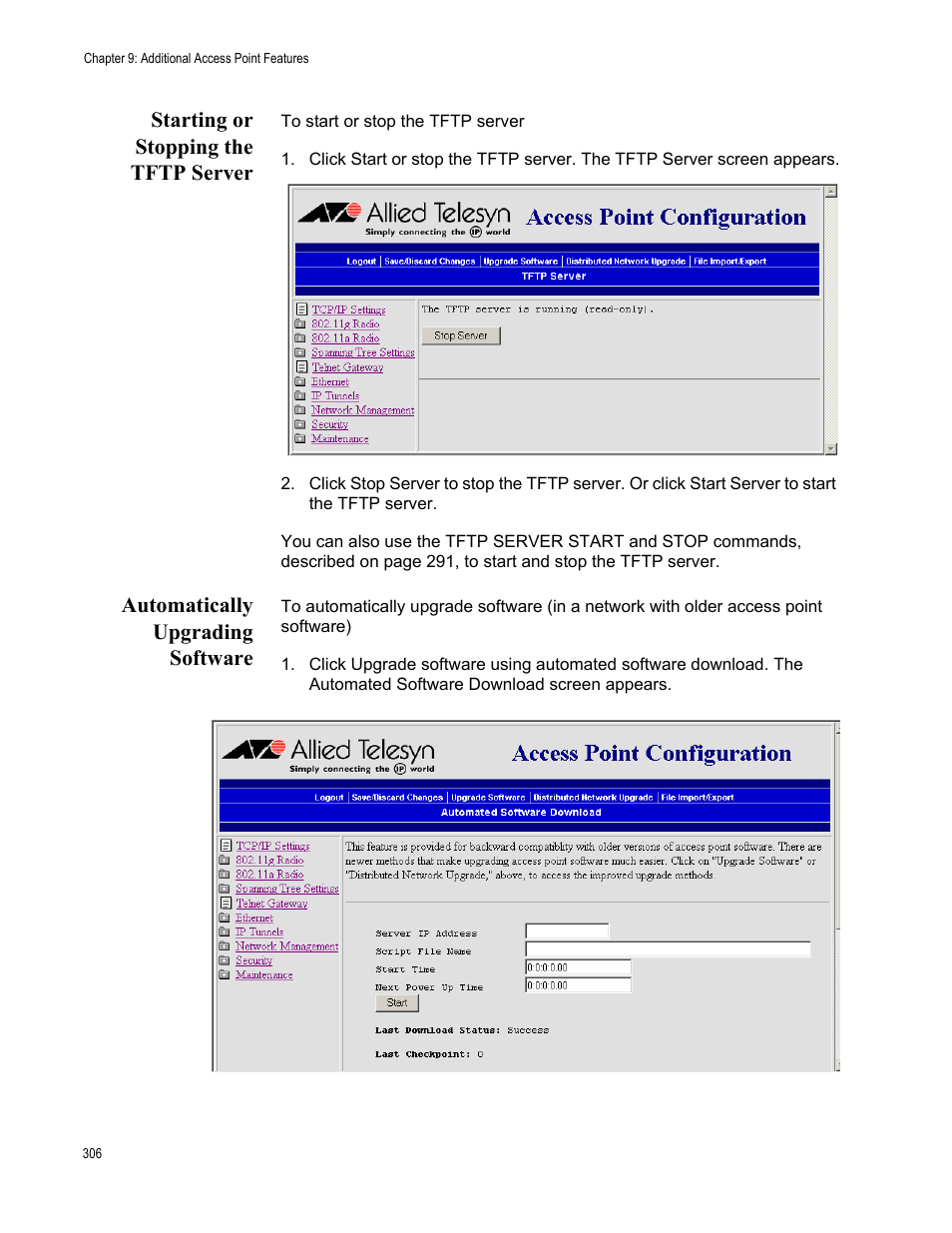 Starting or stopping the tftp server, Automatically upgrading software | Allied Telesis AT-WA7501 User Manual | Page 306 / 352
