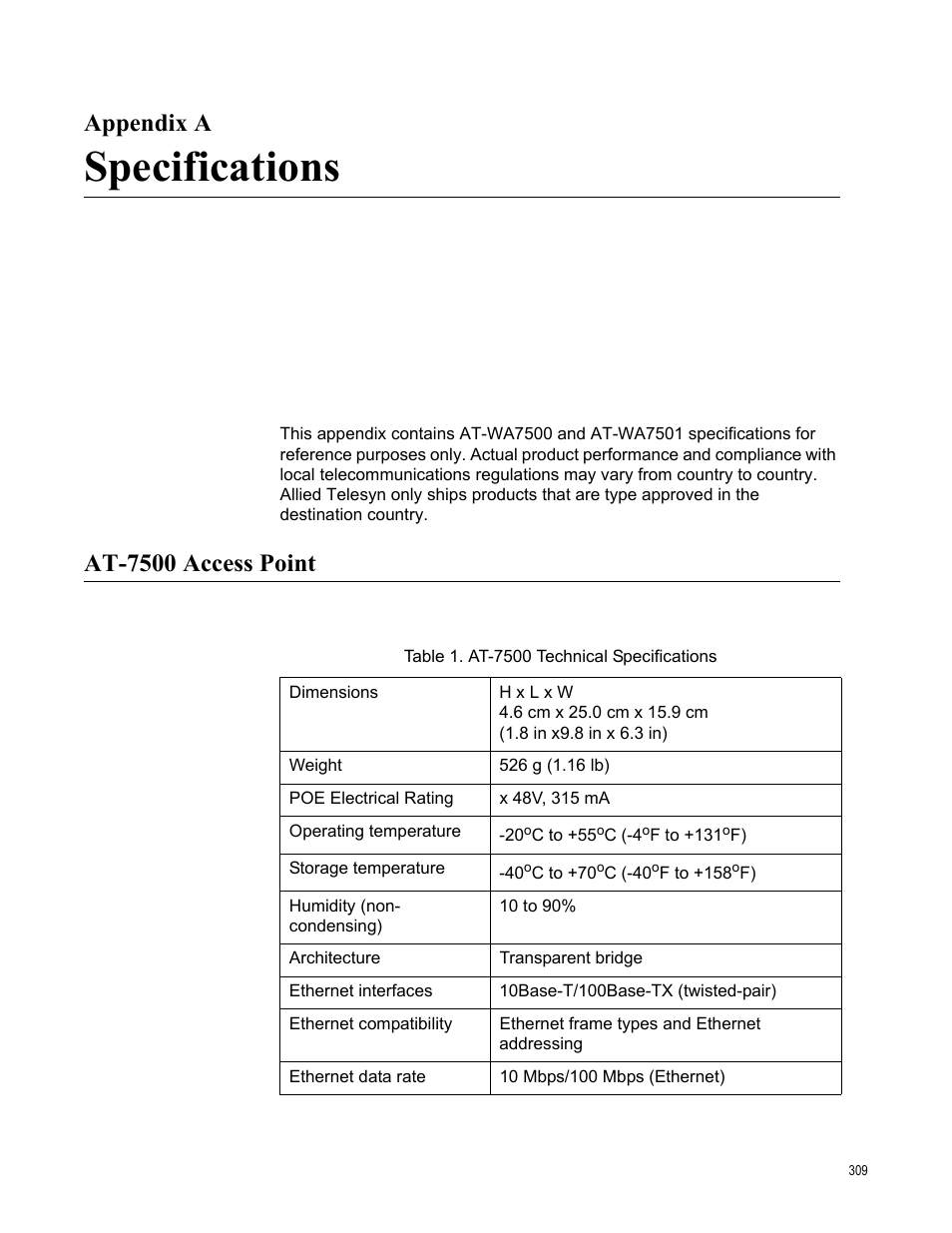 Appendix a, Specifications, At-7500 access point | Appendix a specifications | Allied Telesis AT-WA7501 User Manual | Page 309 / 352