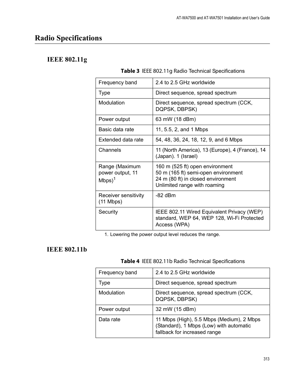 Radio specifications, Ieee 802.11g, Ieee 802.11b | Ieee 802.11g ieee 802.11b | Allied Telesis AT-WA7501 User Manual | Page 313 / 352