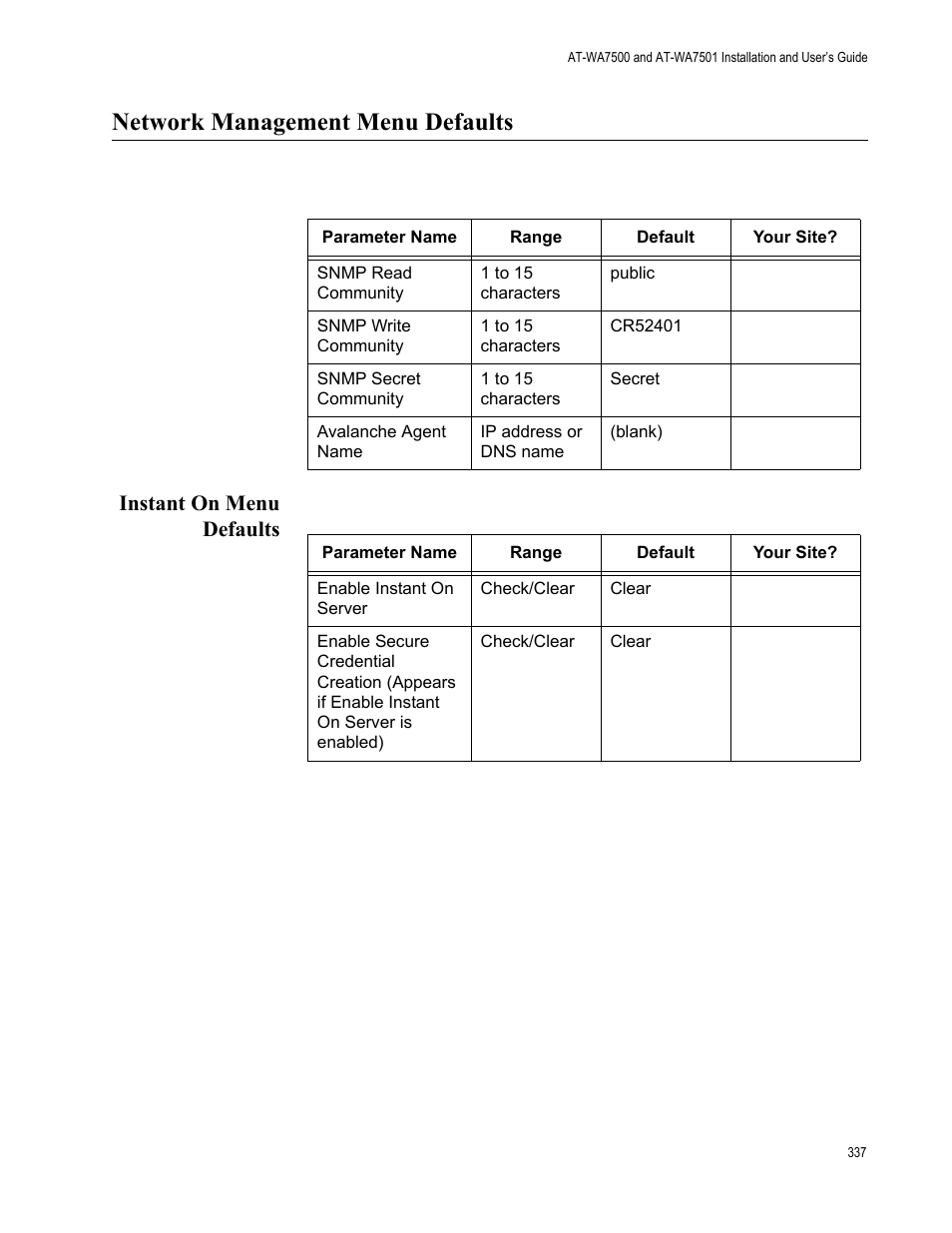Network management menu defaults, Instant on menu defaults | Allied Telesis AT-WA7501 User Manual | Page 337 / 352