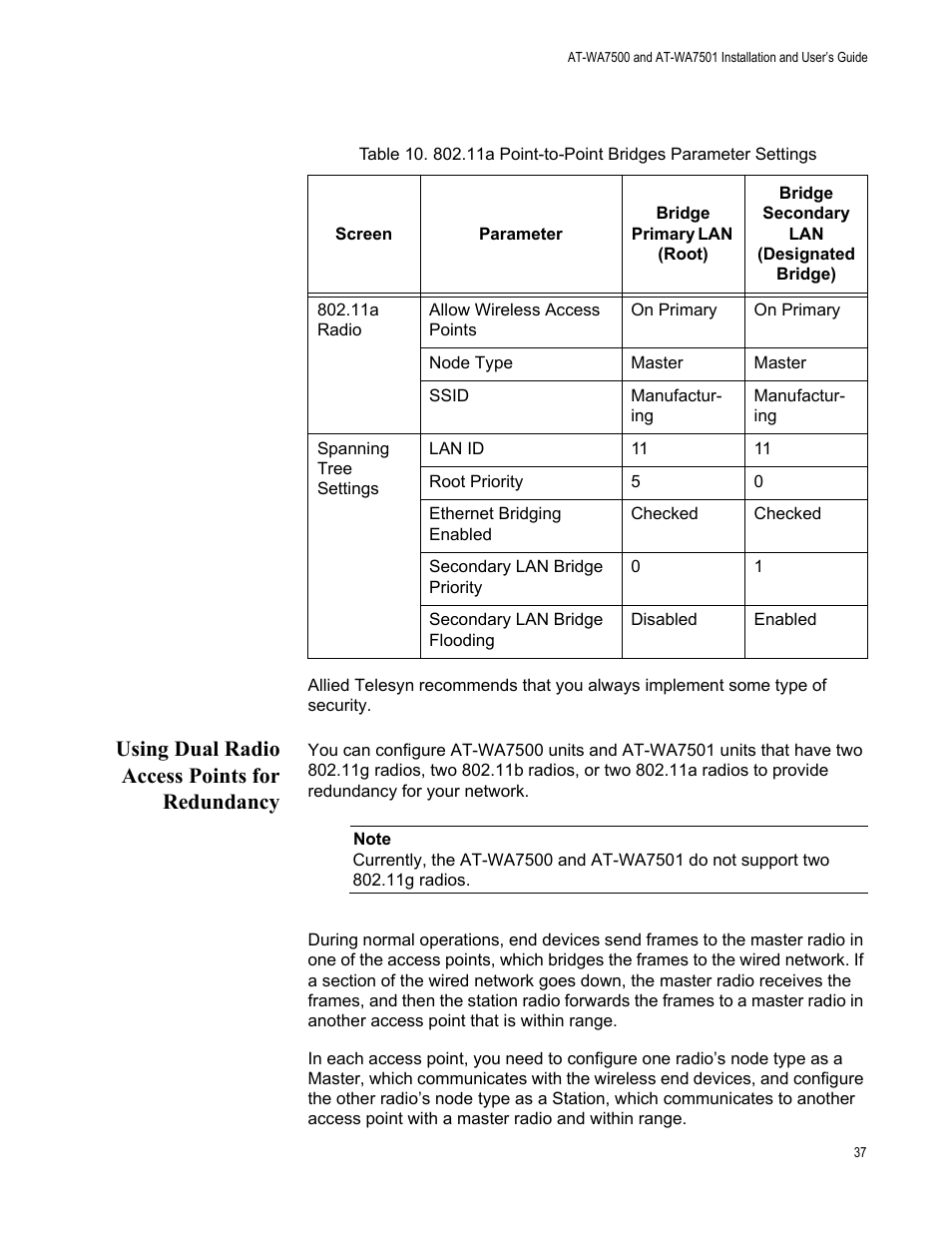 Using dual radio access points for redundancy | Allied Telesis AT-WA7501 User Manual | Page 37 / 352