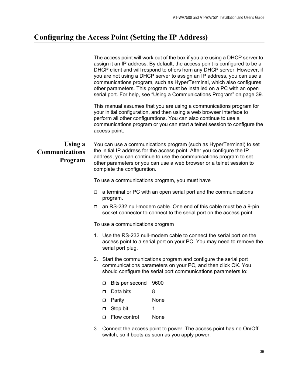 Using a communications program, Configuring the access | Allied Telesis AT-WA7501 User Manual | Page 39 / 352