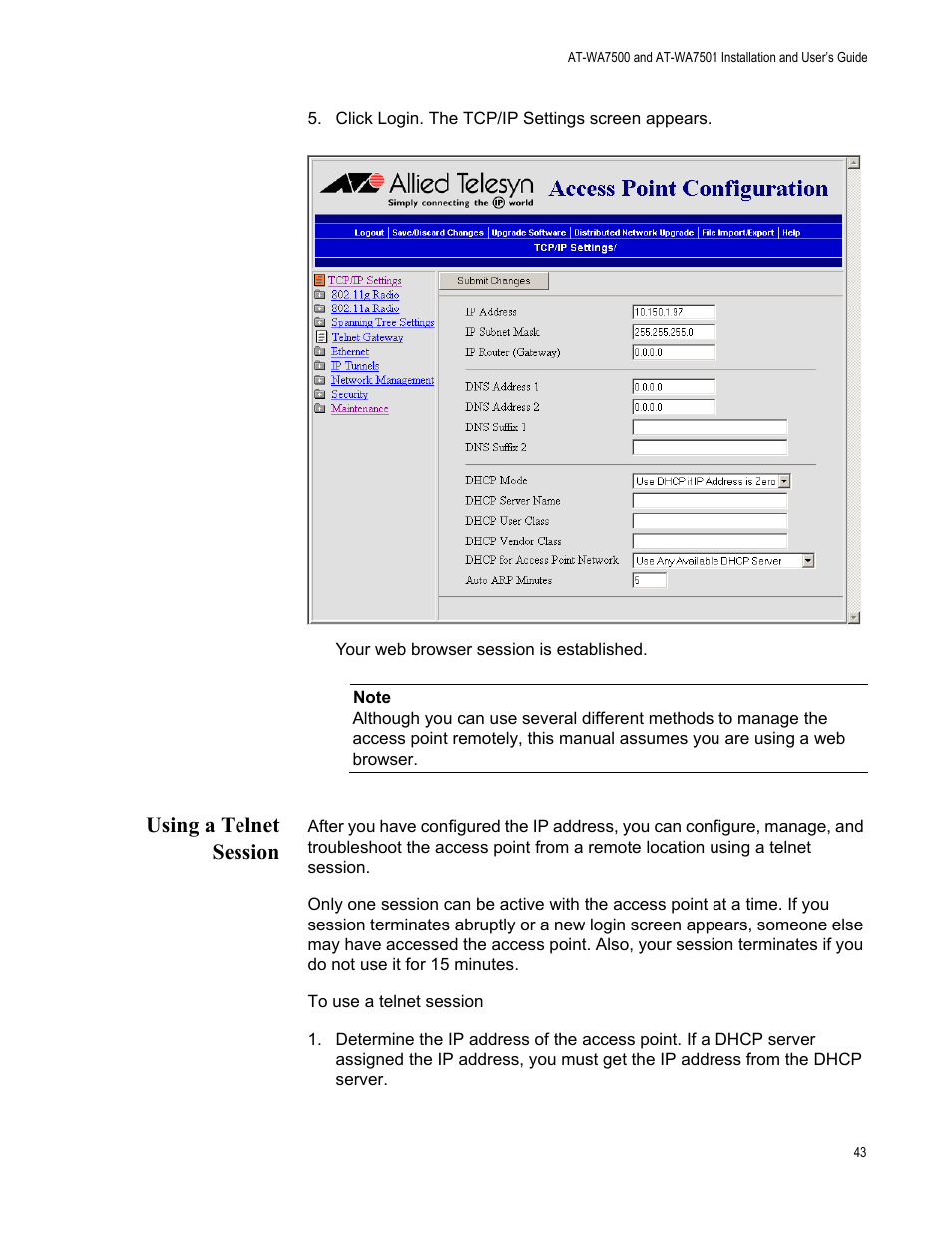 Using a telnet session | Allied Telesis AT-WA7501 User Manual | Page 43 / 352