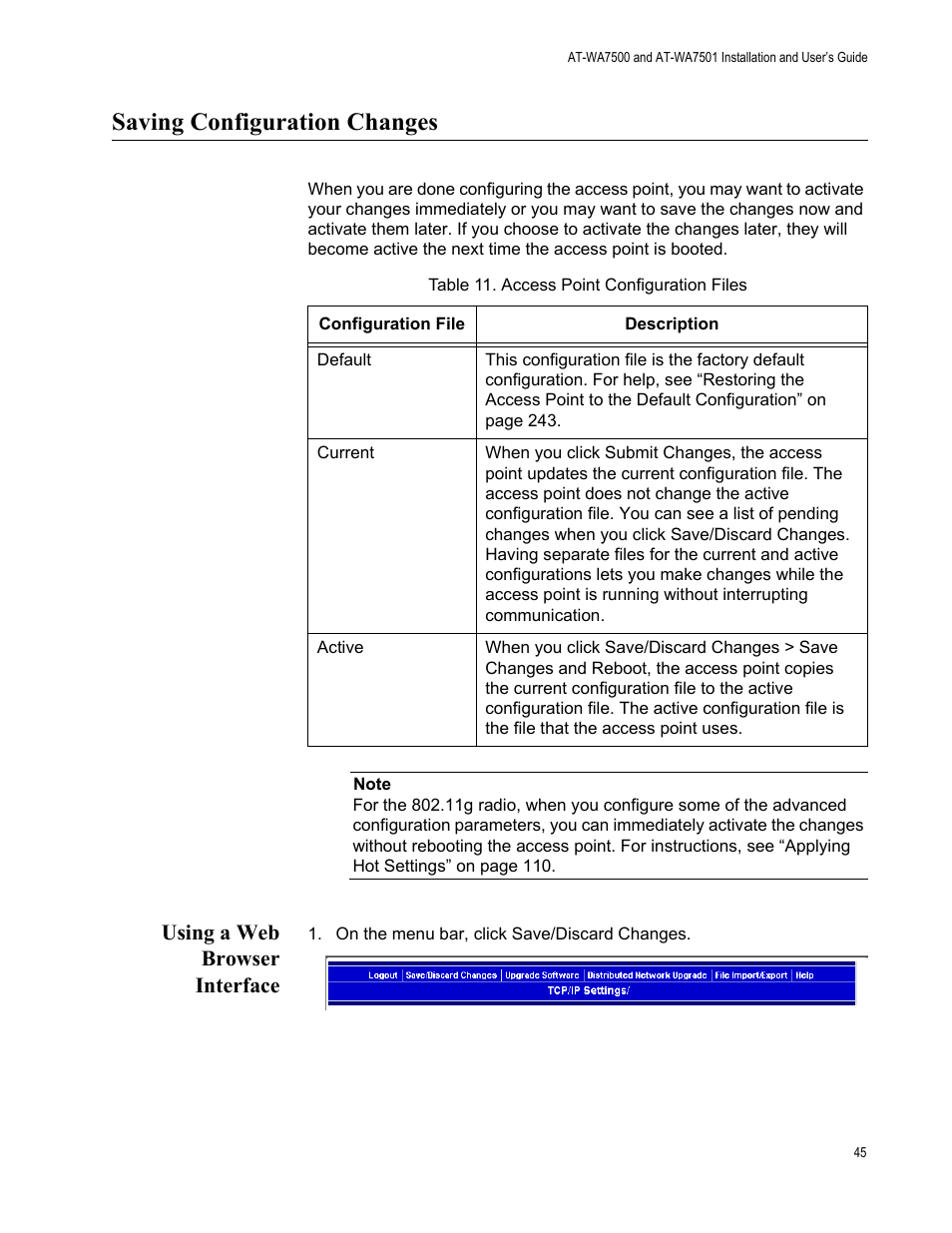 Saving configuration changes, Using a web browser interface | Allied Telesis AT-WA7501 User Manual | Page 45 / 352
