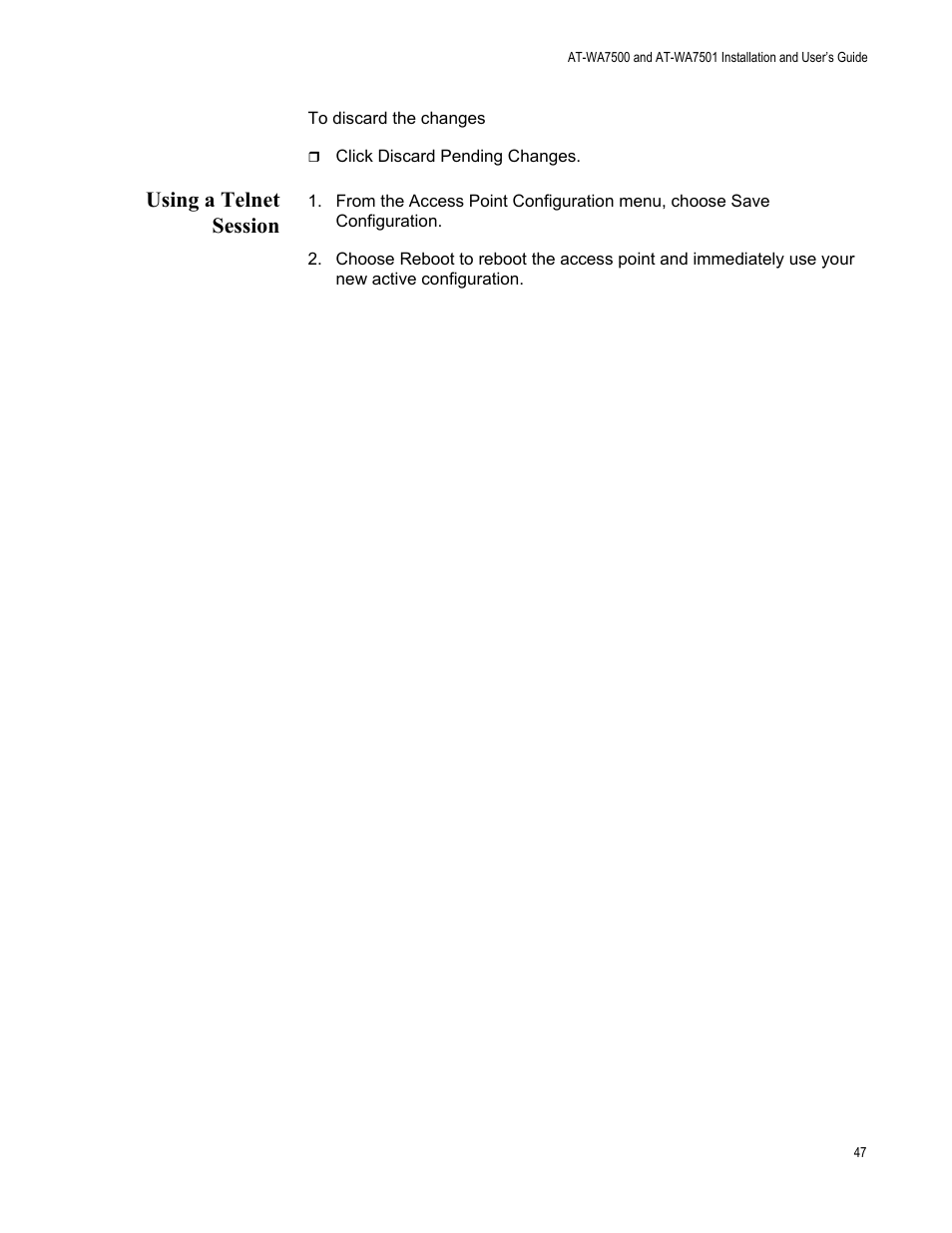 Using a telnet session | Allied Telesis AT-WA7501 User Manual | Page 47 / 352