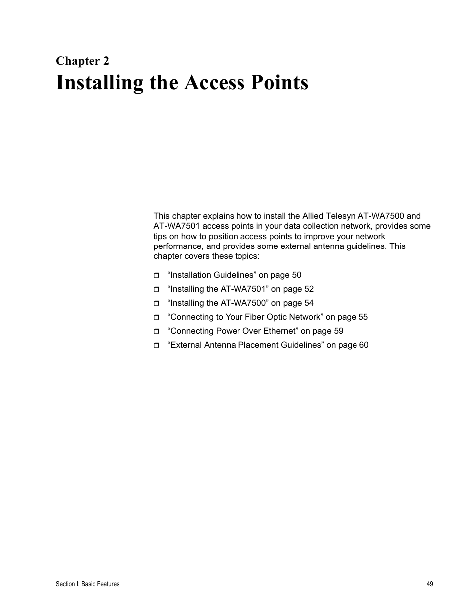 Chapter 2, Installing the access points, Lp, see chapter 2, “getting start | Allied Telesis AT-WA7501 User Manual | Page 49 / 352