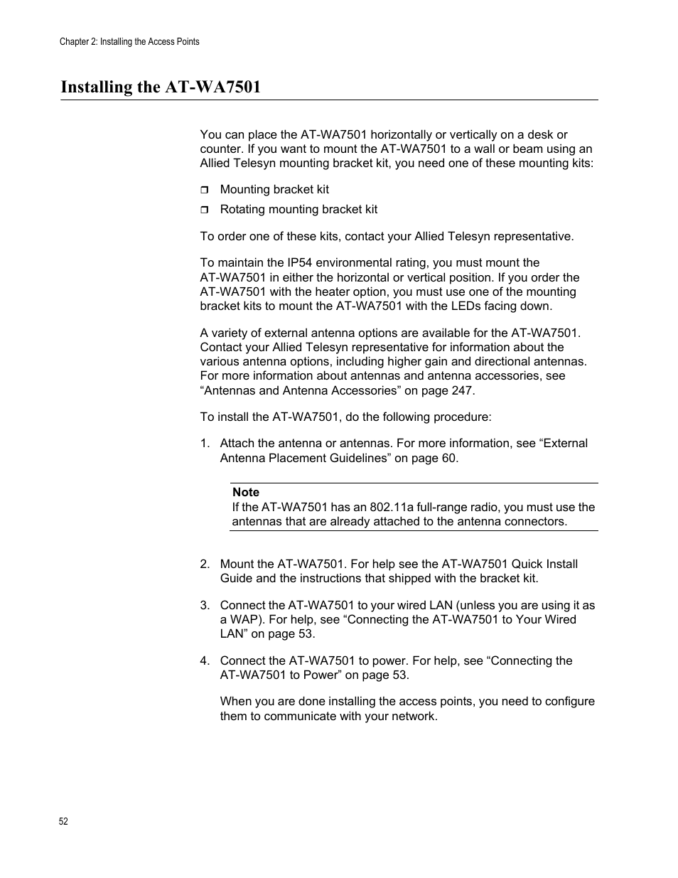 Installing the at-wa7501 | Allied Telesis AT-WA7501 User Manual | Page 52 / 352
