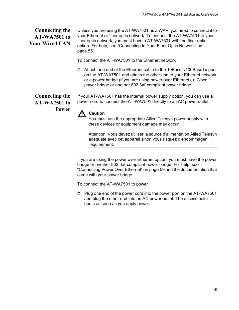 Connecting the at-wa7501 to your wired lan, Connecting the at-wa7501 to power, Connecting the | Allied Telesis AT-WA7501 User Manual | Page 53 / 352