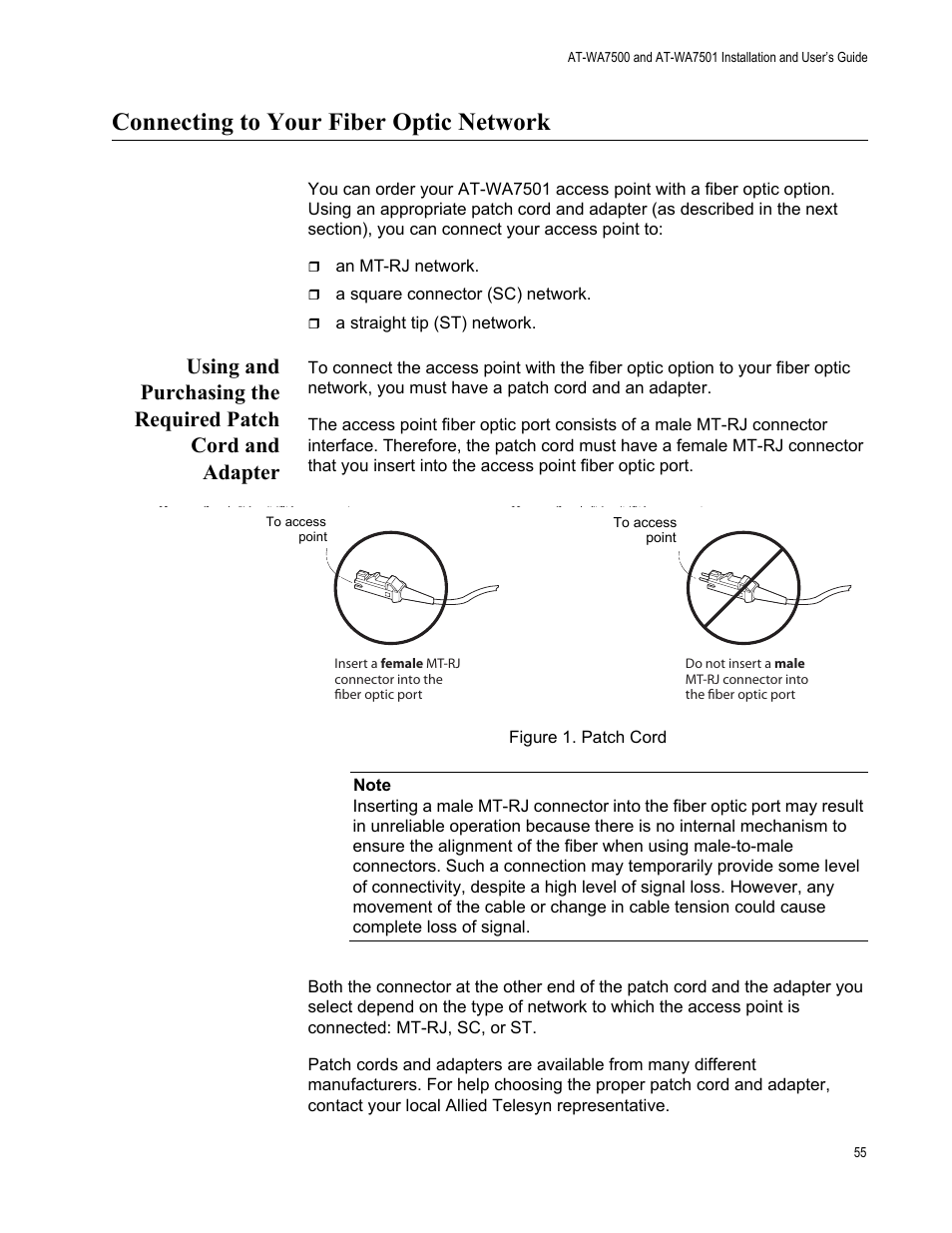 Connecting to your fiber optic network | Allied Telesis AT-WA7501 User Manual | Page 55 / 352