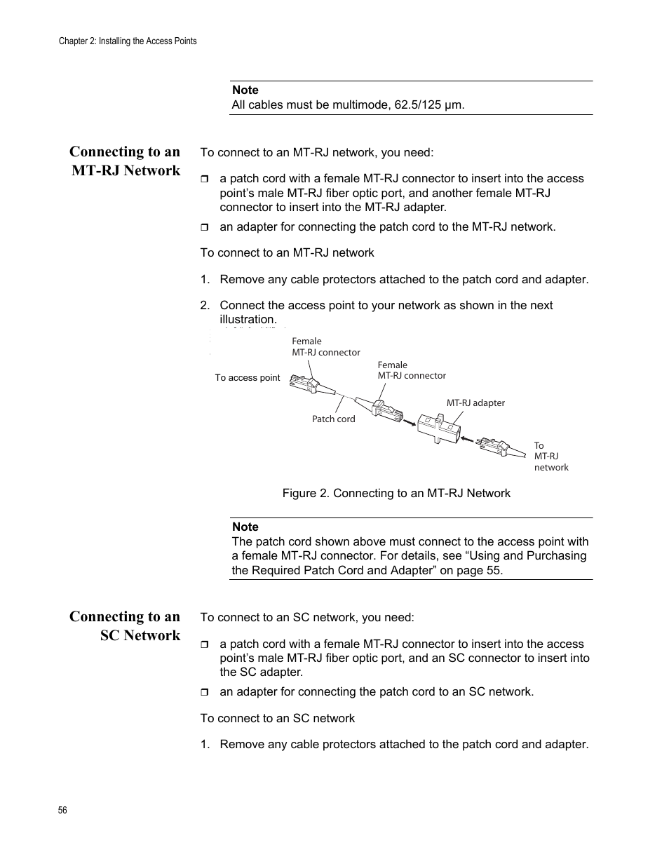 Connecting to an mt-rj network, Connecting to an sc network | Allied Telesis AT-WA7501 User Manual | Page 56 / 352