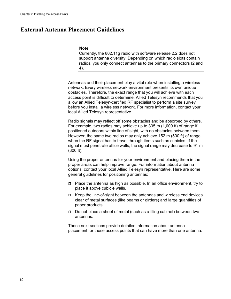 External antenna placement guidelines, See “external | Allied Telesis AT-WA7501 User Manual | Page 60 / 352