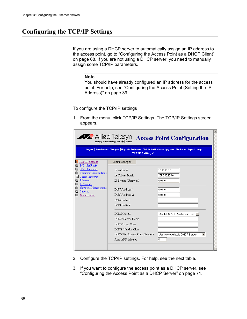 Configuring the tcp/ip settings | Allied Telesis AT-WA7501 User Manual | Page 66 / 352