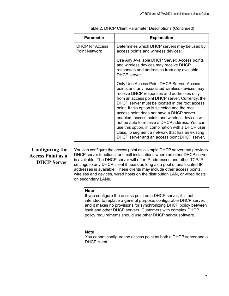 Configuring the access point as a dhcp server | Allied Telesis AT-WA7501 User Manual | Page 71 / 352