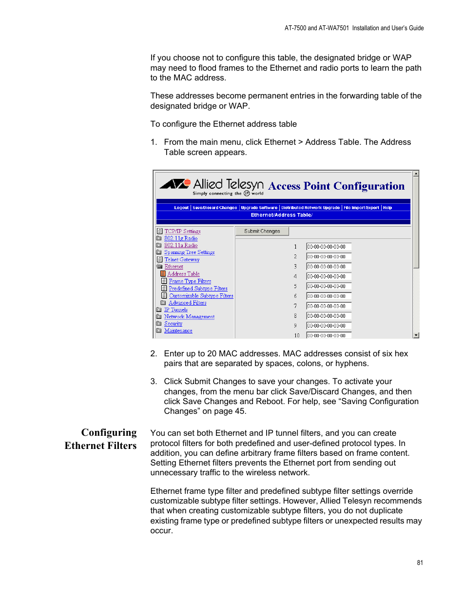 Configuring ethernet filters | Allied Telesis AT-WA7501 User Manual | Page 81 / 352