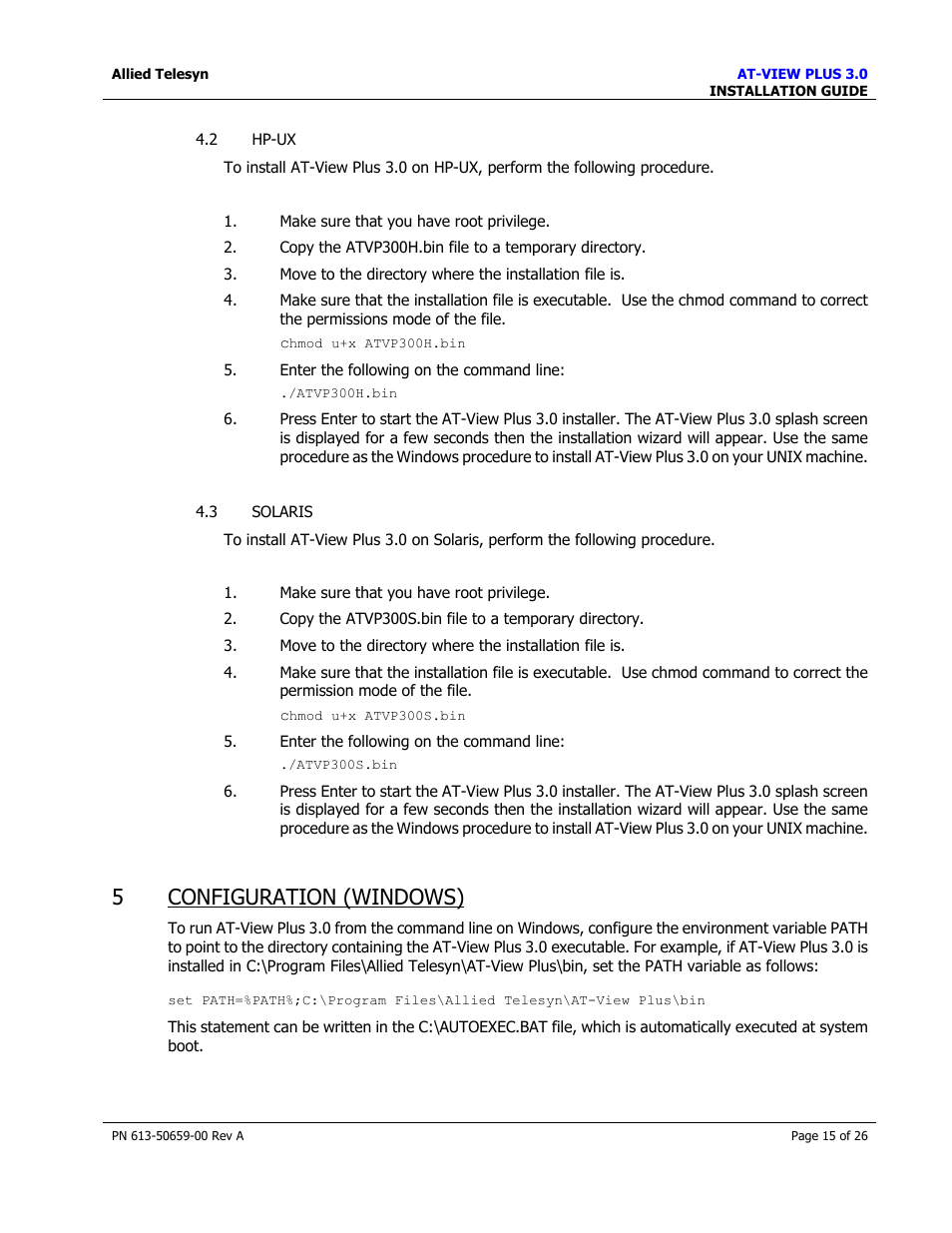 Hp-ux, Solaris, Configuration (windows) | 5 configuration (windows) | Allied Telesis AT-VIEW PLUS 3.0 INSTALLATION User Manual | Page 15 / 26