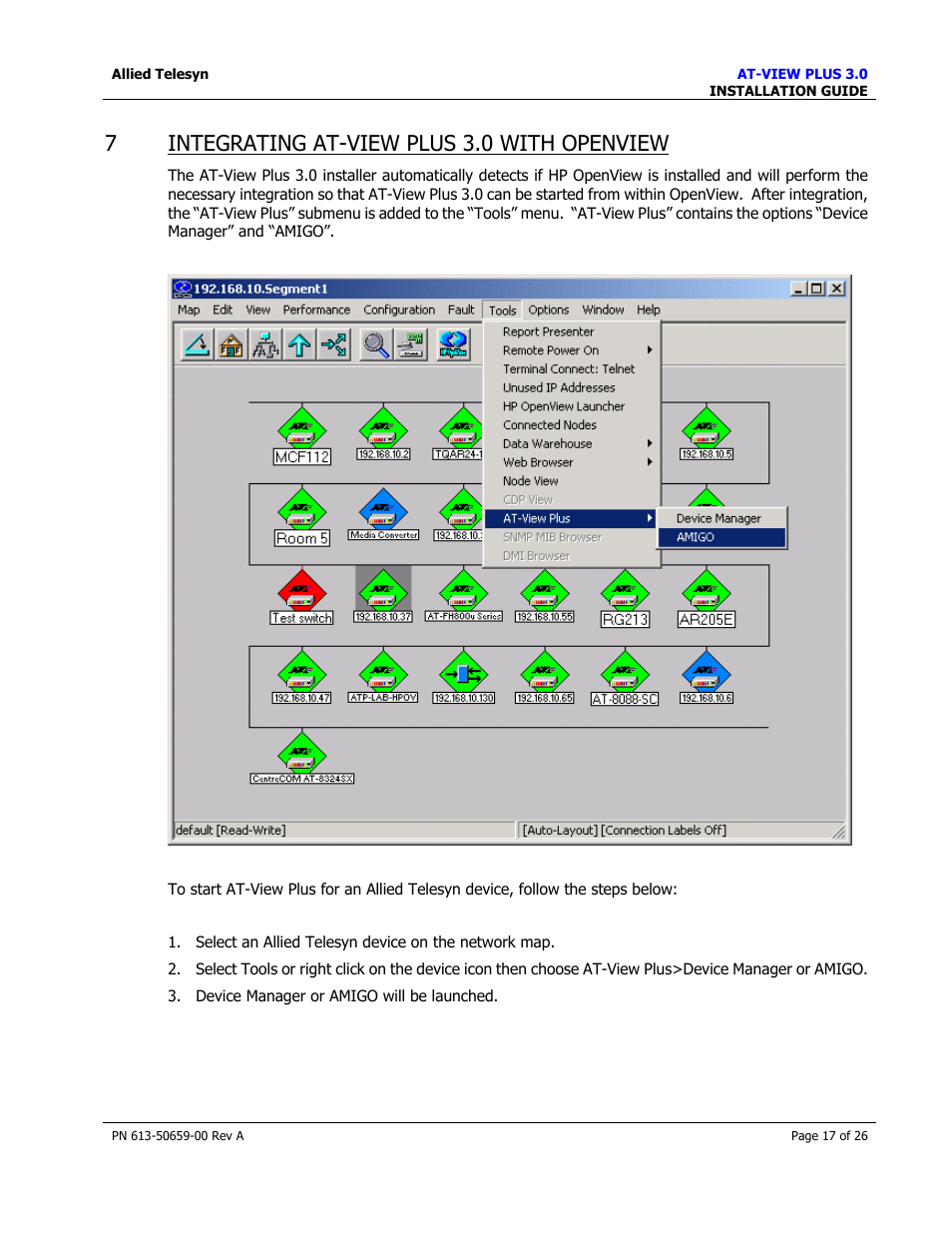 Integrating at-view plus 3.0 with openview, 7integrating at-view plus 3.0 with openview | Allied Telesis AT-VIEW PLUS 3.0 INSTALLATION User Manual | Page 17 / 26