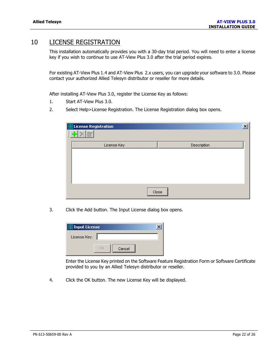 License registration, 10 license registration | Allied Telesis AT-VIEW PLUS 3.0 INSTALLATION User Manual | Page 22 / 26
