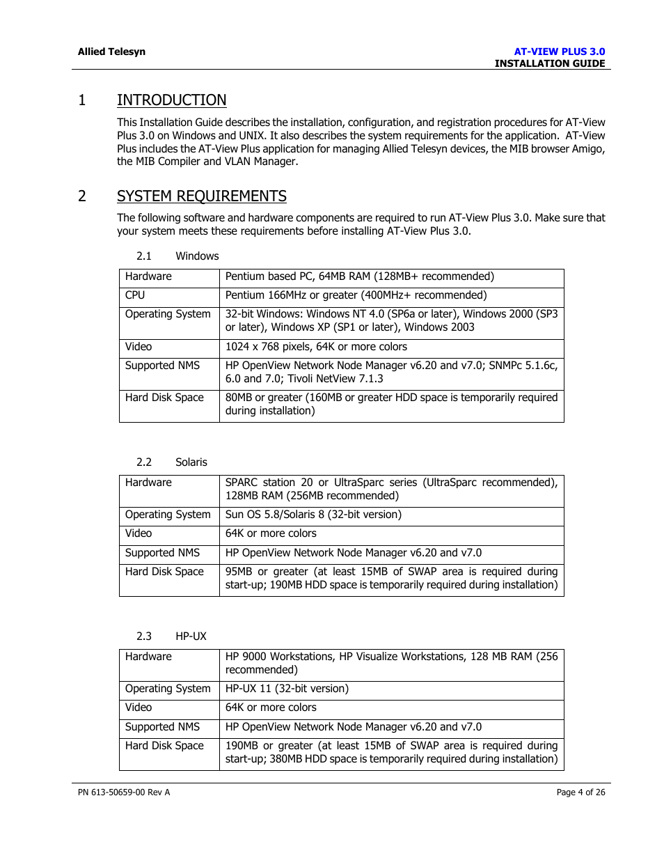 Introduction, System requirements, Indows | Olaris, Hp-ux, 1 introduction, 2 system requirements | Allied Telesis AT-VIEW PLUS 3.0 INSTALLATION User Manual | Page 4 / 26