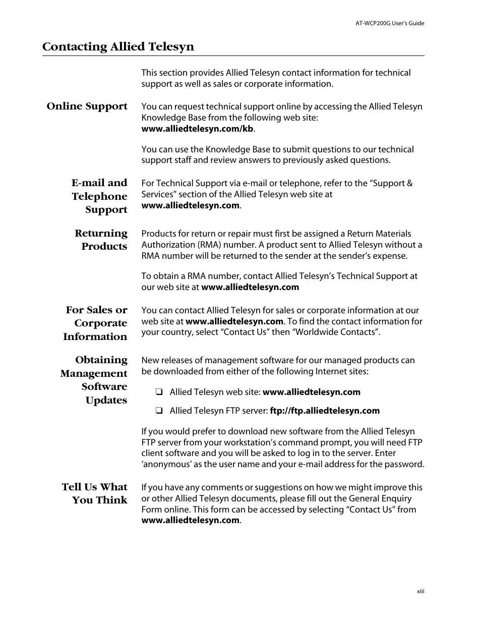 Contacting allied telesyn, Online support, E-mail and telephone support | Returning products, For sales or corporate information, Obtaining management software updates, Tell us what you think | Allied Telesis AT-WCU200G User Manual | Page 13 / 60