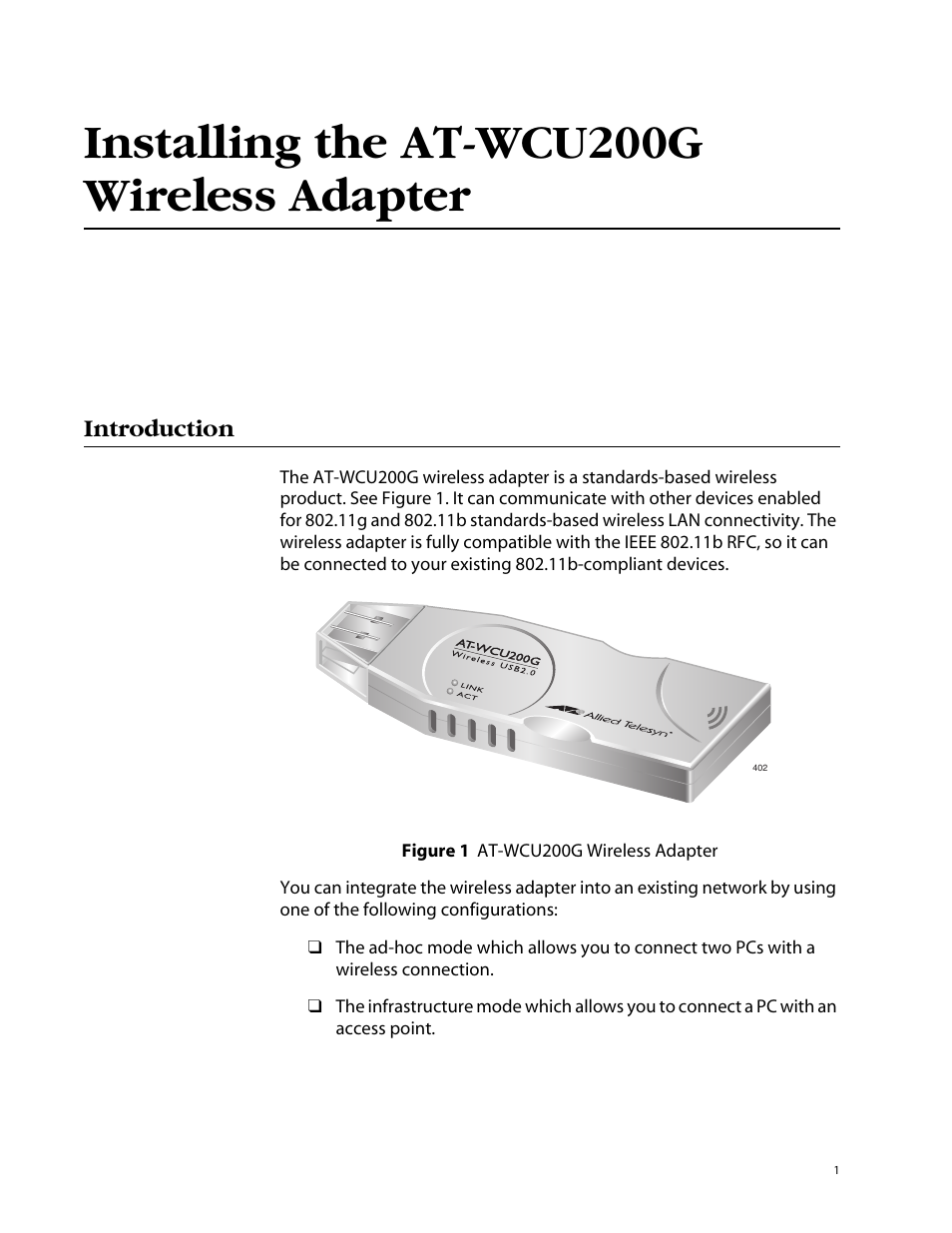 Installing the at-wcu200g wireless adapter, Introduction | Allied Telesis AT-WCU200G User Manual | Page 15 / 60