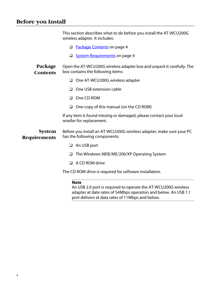 Before you install, Package contents, System requirements | Package contents system requirements, Helps you get started with th | Allied Telesis AT-WCU200G User Manual | Page 18 / 60