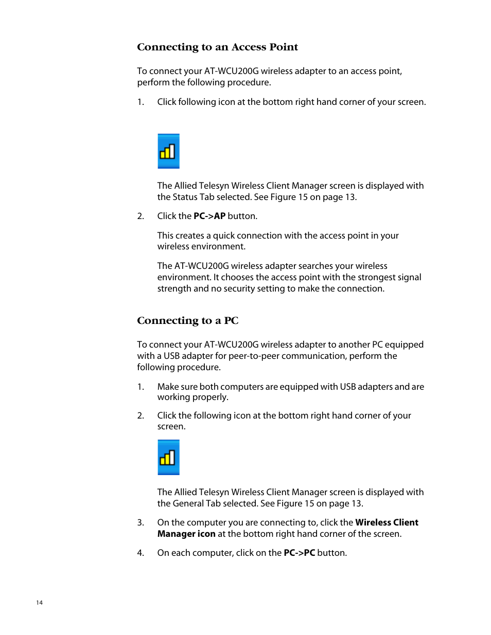 Connecting to an access point, Connecting to a pc | Allied Telesis AT-WCU200G User Manual | Page 28 / 60