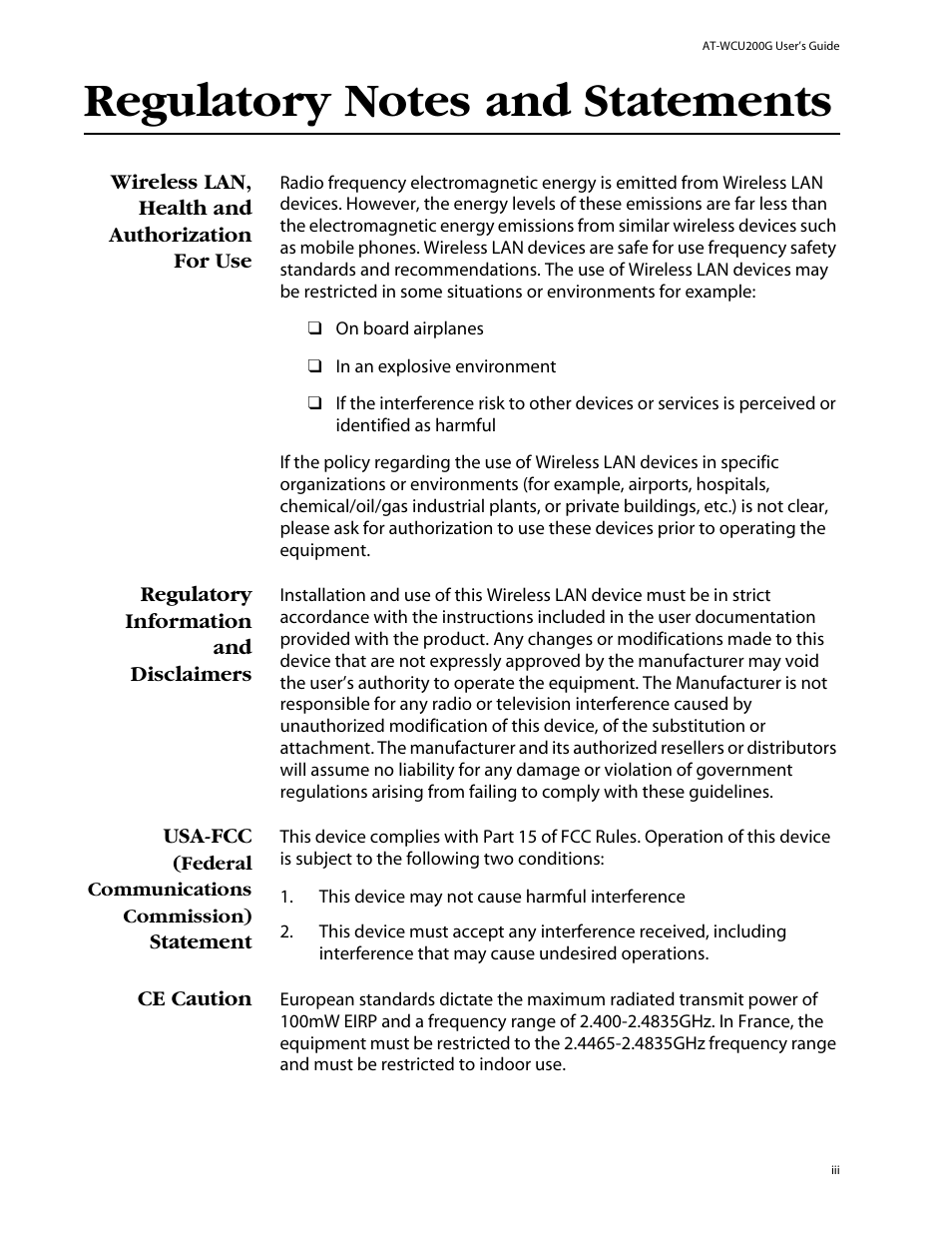 Regulatory notes and statements, Wireless lan, health and authorization for use, Regulatory information and disclaimers | Ce caution | Allied Telesis AT-WCU200G User Manual | Page 3 / 60