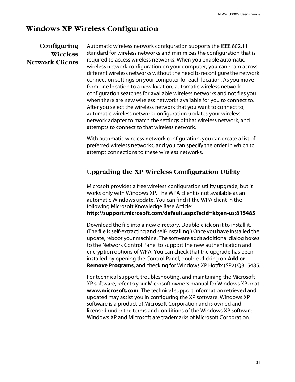 Windows xp wireless configuration, Configuring wireless network clients, Ocedure described in | Windows xp wireless, Configuration | Allied Telesis AT-WCU200G User Manual | Page 45 / 60