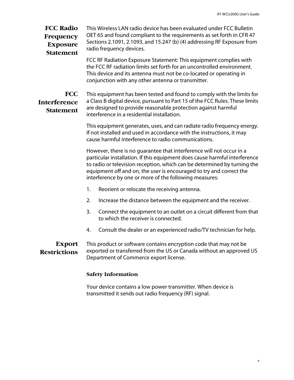 Fcc radio frequency exposure statement, Fcc interference statement, Export restrictions | Allied Telesis AT-WCU200G User Manual | Page 5 / 60
