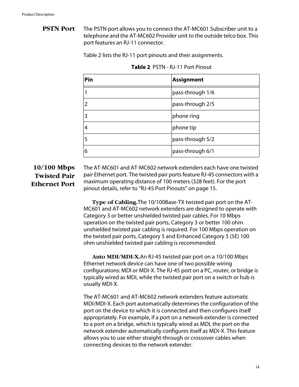 Pstn port, 10/100 mbps twisted pair ethernet port, Pstn port 10/100 mbps twisted pair ethernet port | Allied Telesis AT-MC602 User Manual | Page 14 / 65