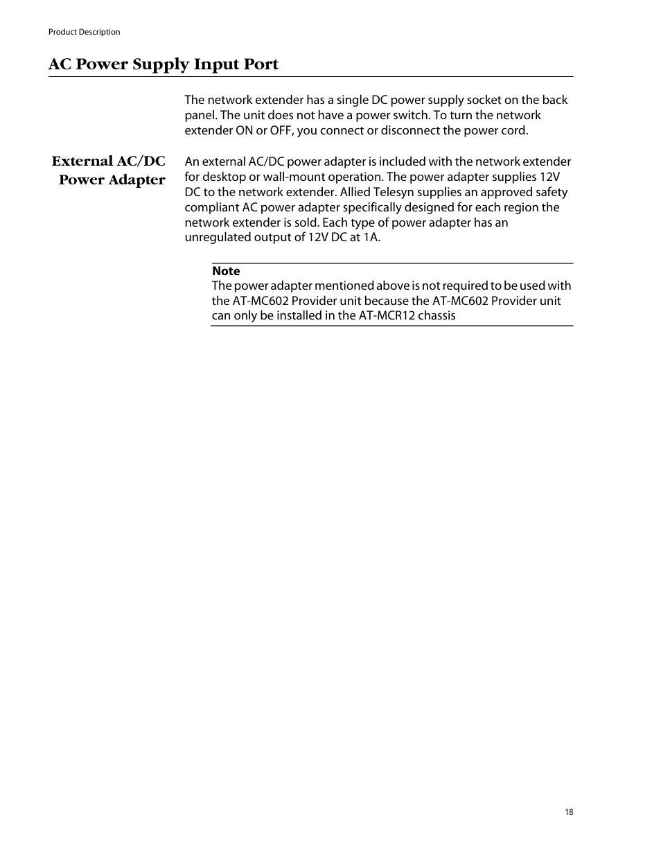 Ac power supply input port, External ac/dc power adapter | Allied Telesis AT-MC602 User Manual | Page 18 / 65