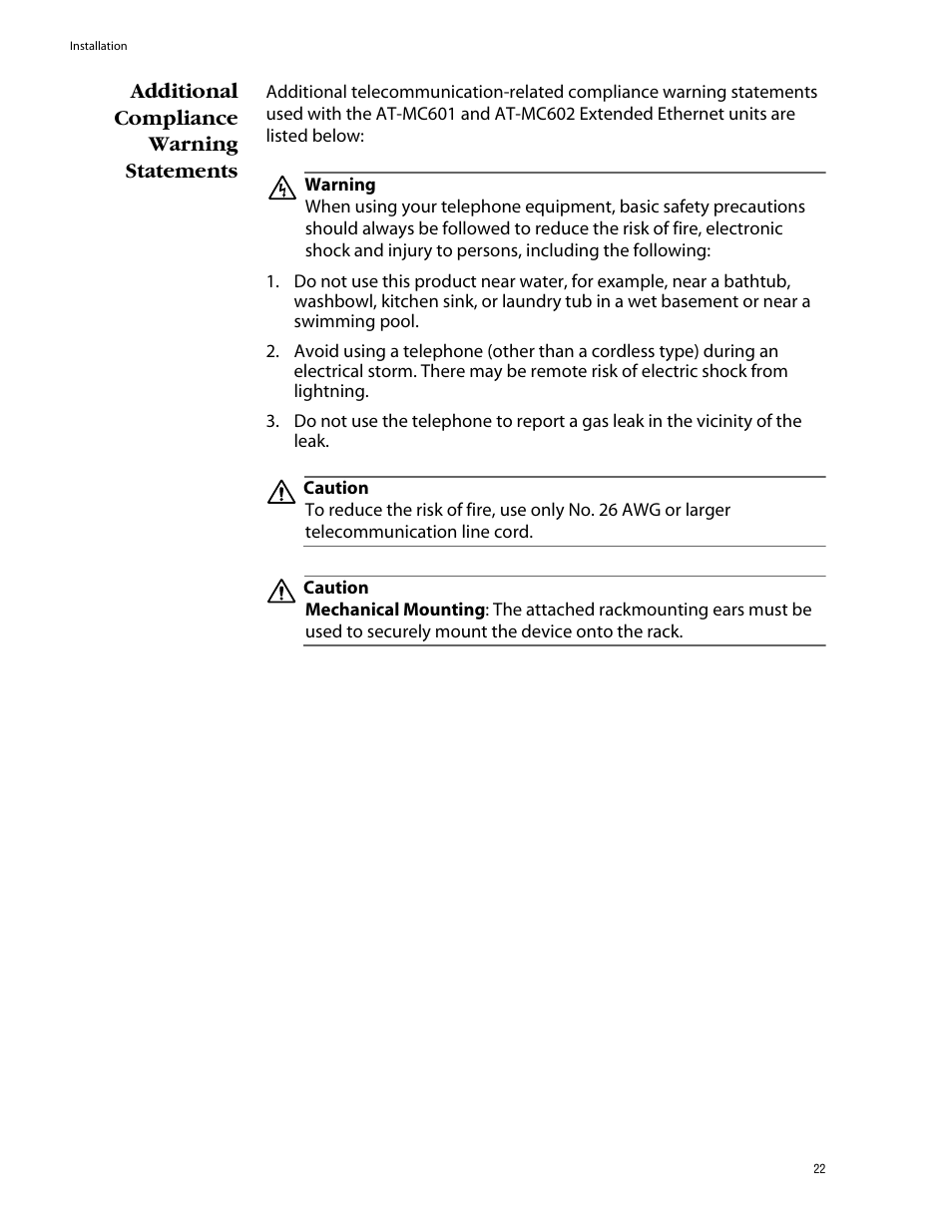 Additional compliance warning statements | Allied Telesis AT-MC602 User Manual | Page 22 / 65