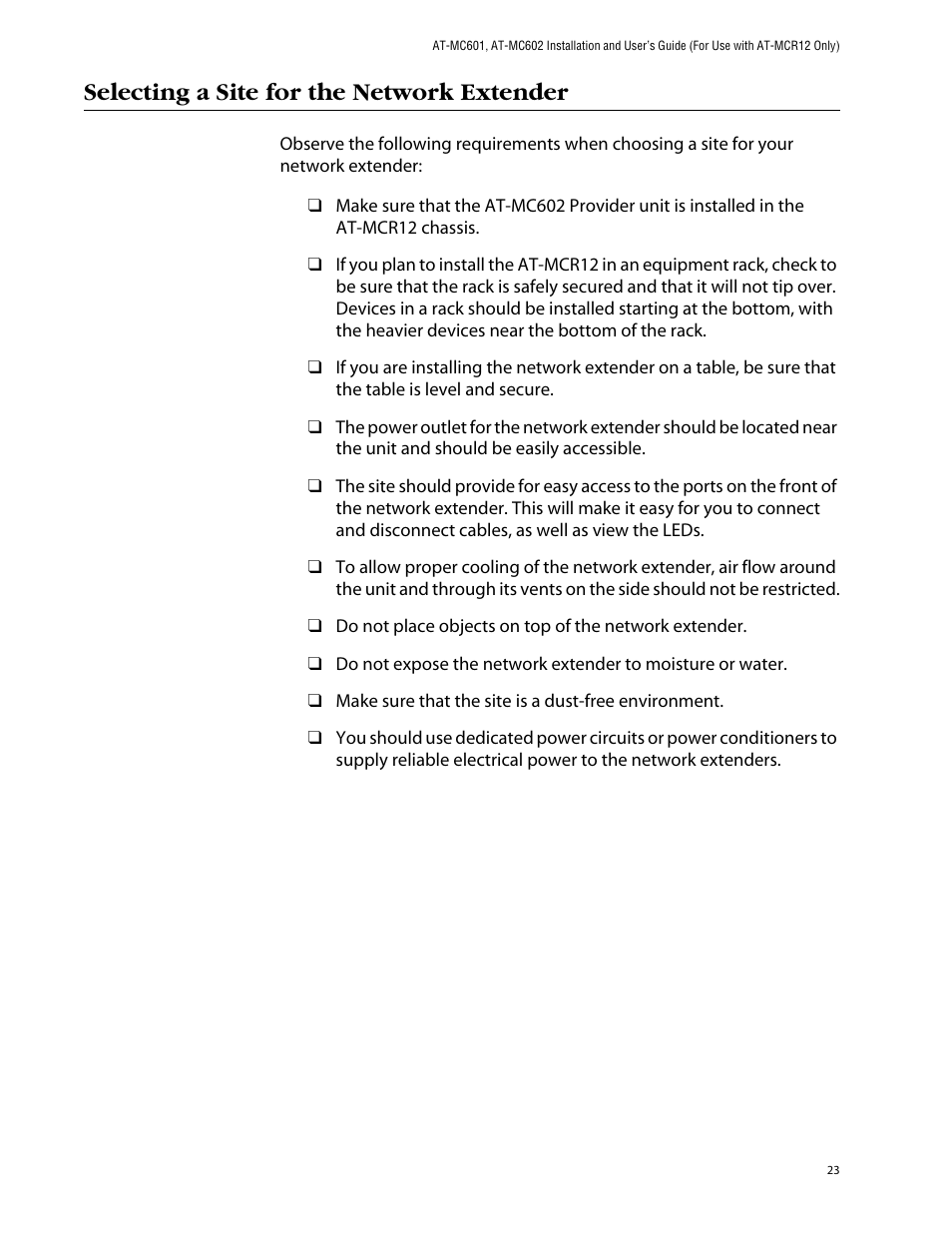 Selecting a site for the network extender | Allied Telesis AT-MC602 User Manual | Page 23 / 65