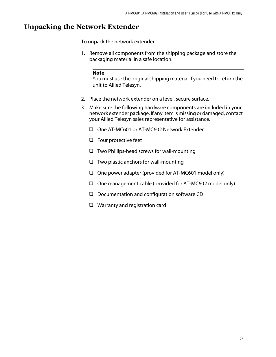 Unpacking the network extender | Allied Telesis AT-MC602 User Manual | Page 25 / 65