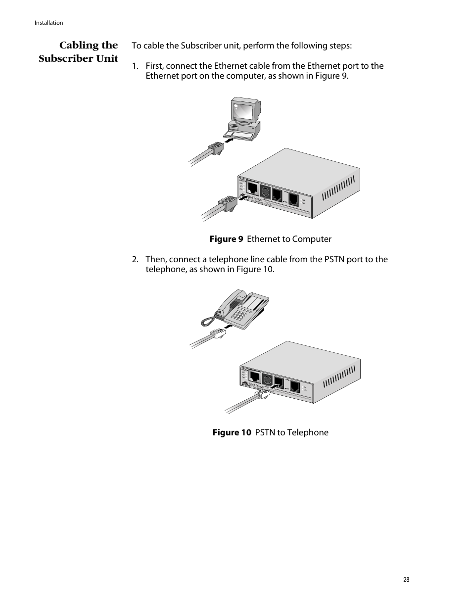 Cabling the subscriber unit, Installation 28 | Allied Telesis AT-MC602 User Manual | Page 28 / 65