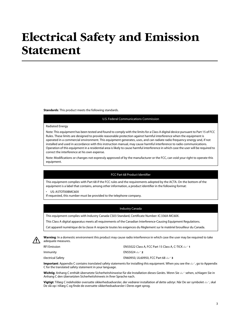 Electrical safety and emission statement | Allied Telesis AT-MC602 User Manual | Page 3 / 65