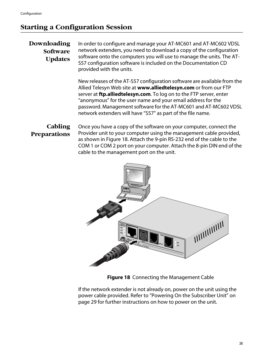 Starting a configuration session, Downloading software updates, Cabling preparations | Downloading software updates cabling preparations | Allied Telesis AT-MC602 User Manual | Page 36 / 65