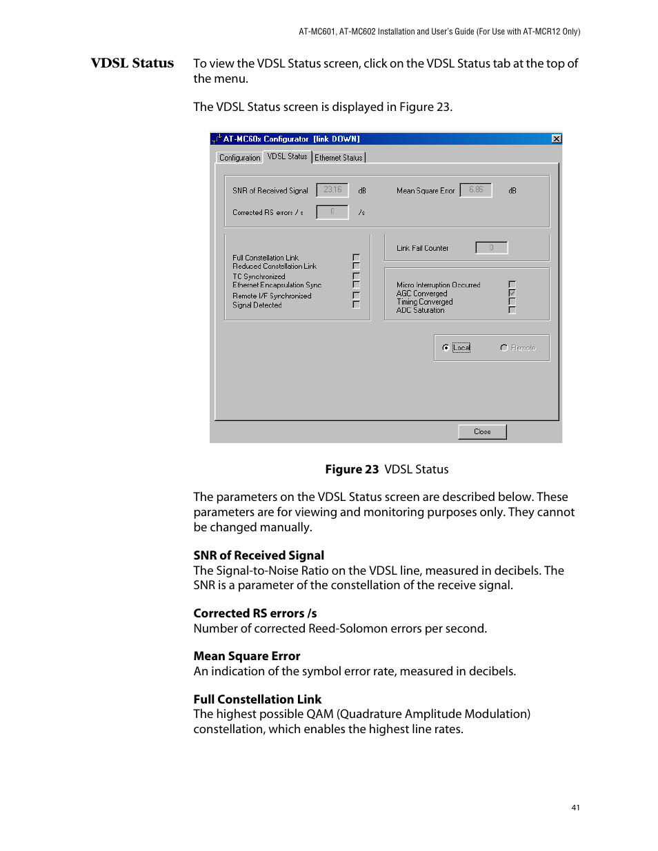 Vdsl status | Allied Telesis AT-MC602 User Manual | Page 41 / 65