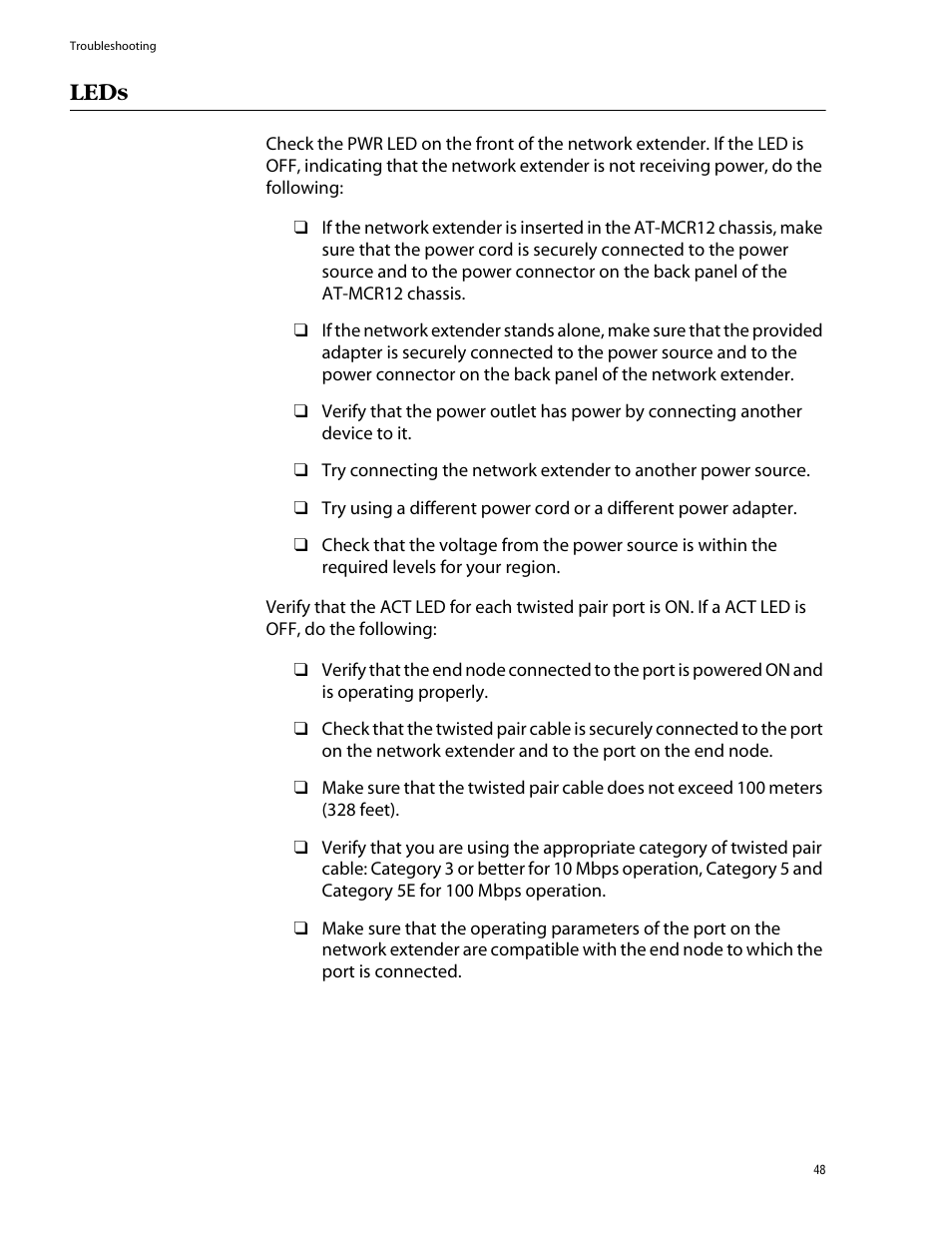 Leds | Allied Telesis AT-MC602 User Manual | Page 48 / 65