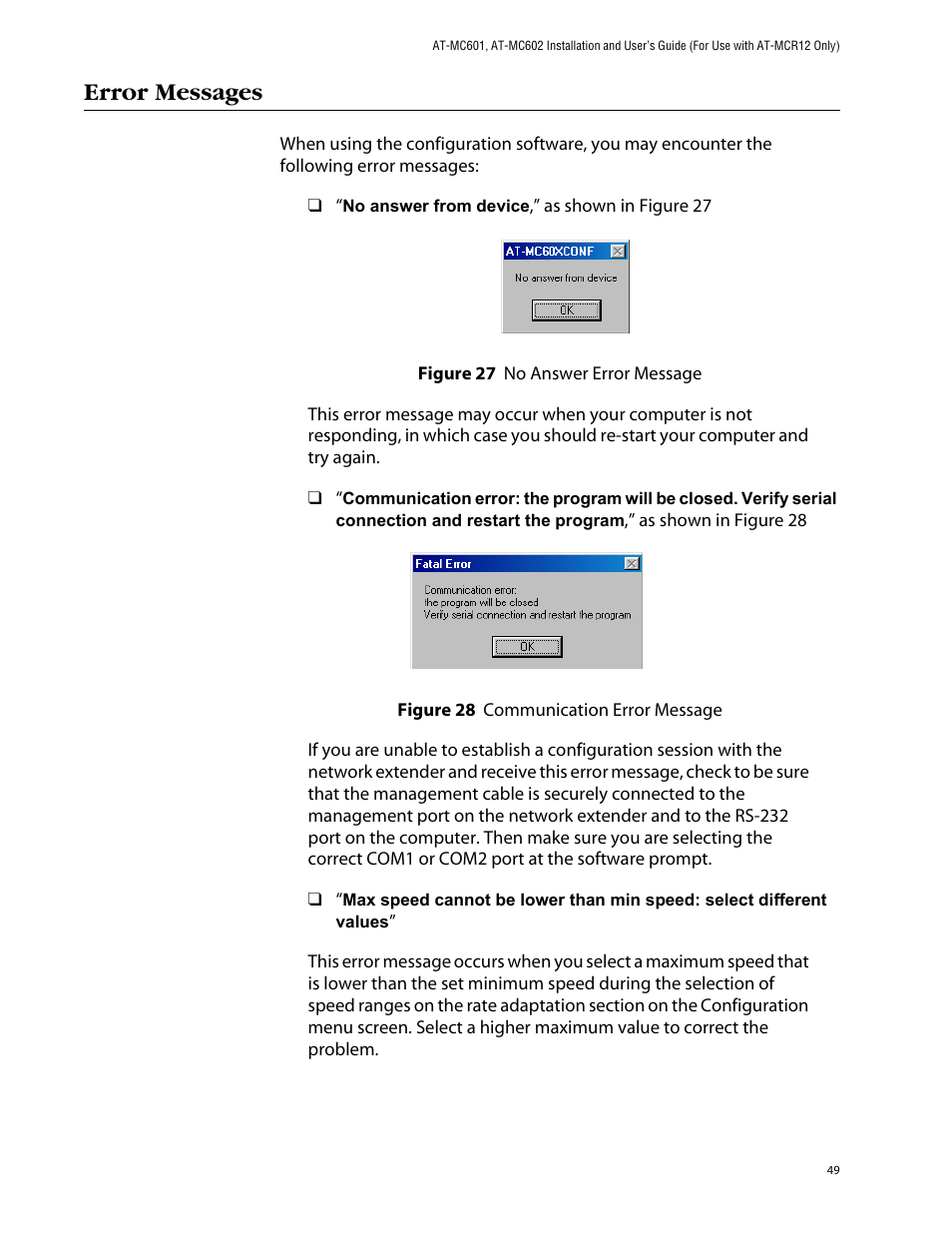 Error messages | Allied Telesis AT-MC602 User Manual | Page 49 / 65