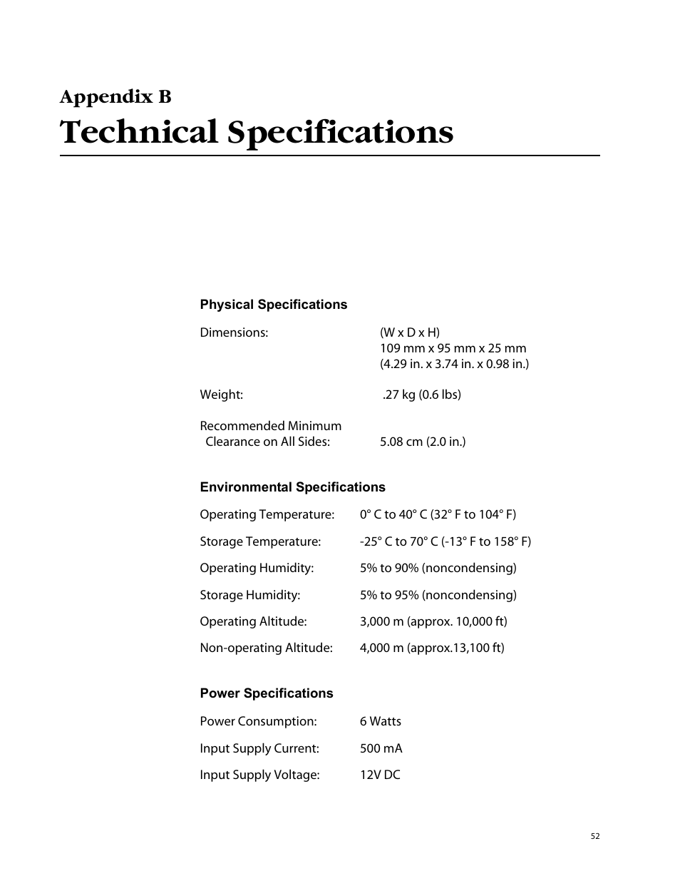 Appendix b, Technical specifications, Physical specifications | Environmental specifications, Power specifications | Allied Telesis AT-MC602 User Manual | Page 52 / 65