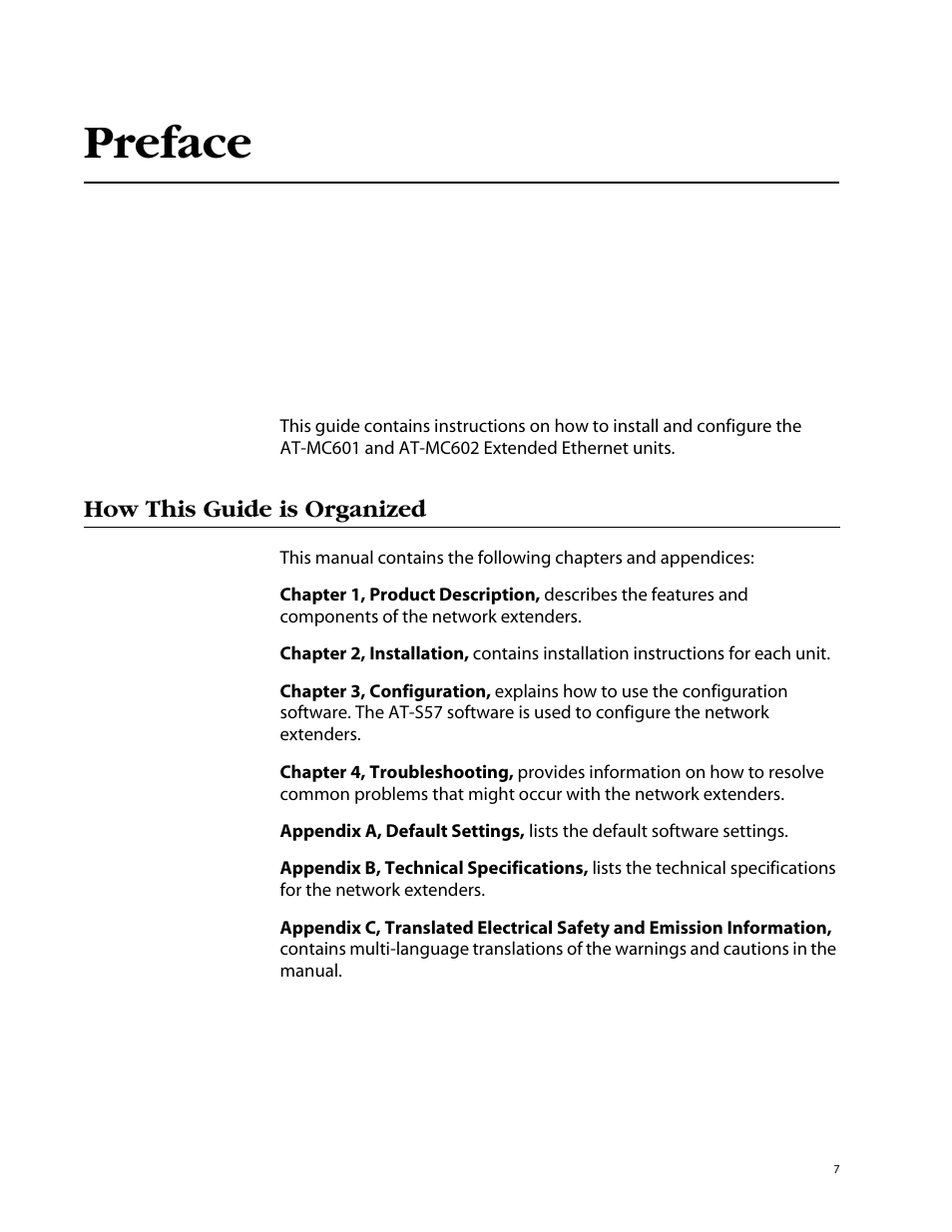 Preface, How this guide is organized | Allied Telesis AT-MC602 User Manual | Page 7 / 65