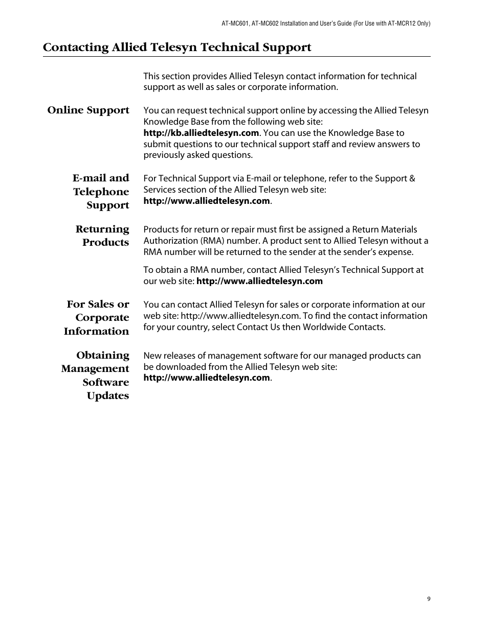 Contacting allied telesyn technical support, Online support, E-mail and telephone support | Returning products, For sales or corporate information, Obtaining management software updates | Allied Telesis AT-MC602 User Manual | Page 9 / 65