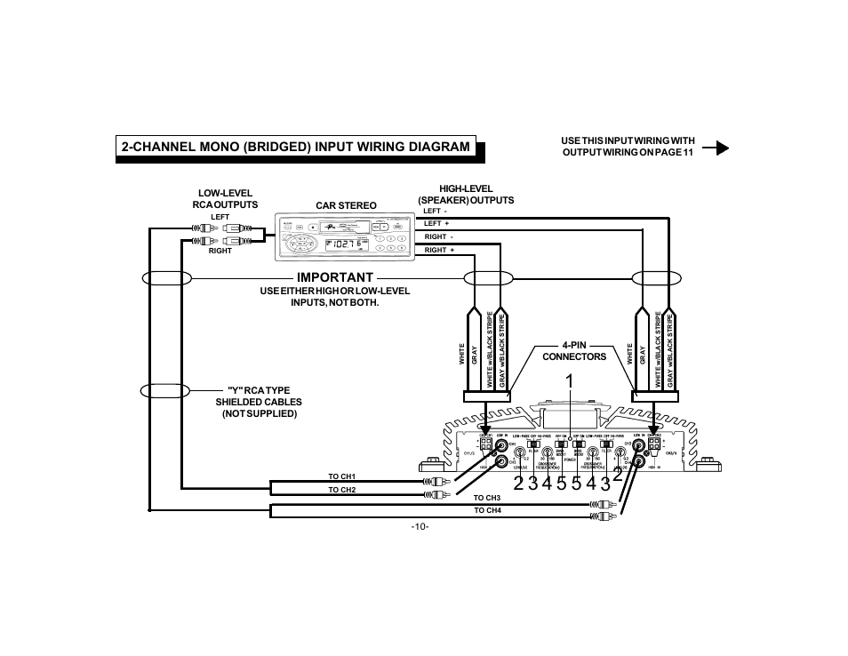 Channel mono (bridged) input wiring diagram, Important | Audiovox PA-S450 User Manual | Page 12 / 16