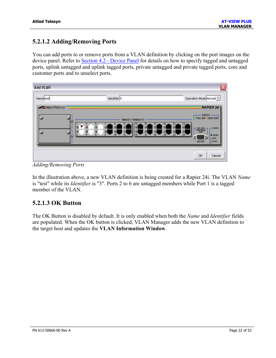 2 adding/removing ports, 3 ok button | Allied Telesis AT-VIEW PLUS 3.0 VLAN MANAGER User Manual | Page 22 / 52