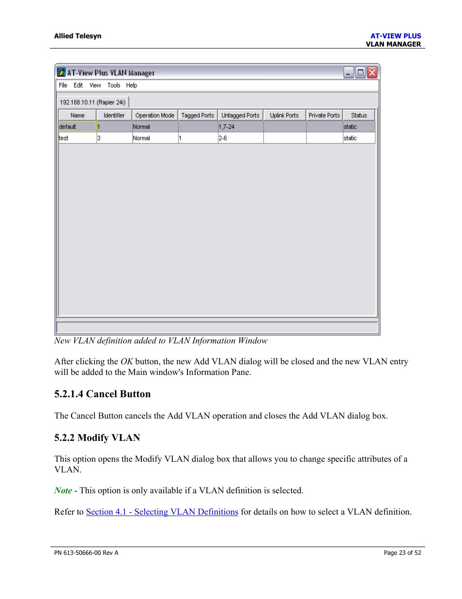 4 cancel button, 2 modify vlan, Modify vlan | Allied Telesis AT-VIEW PLUS 3.0 VLAN MANAGER User Manual | Page 23 / 52
