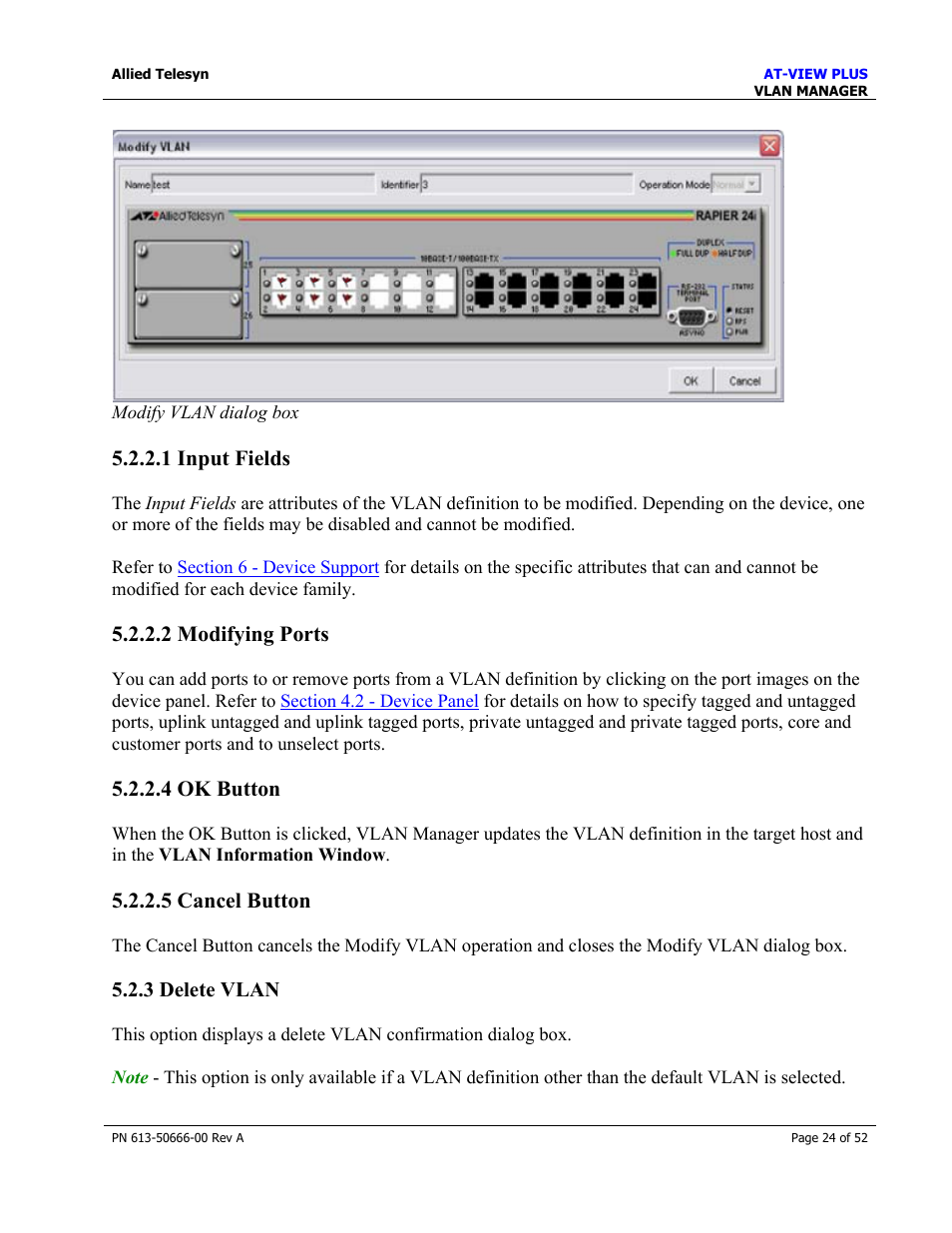 1 input fields, 2 modifying ports, 4 ok button | 5 cancel button, 3 delete vlan, Delete vlan | Allied Telesis AT-VIEW PLUS 3.0 VLAN MANAGER User Manual | Page 24 / 52