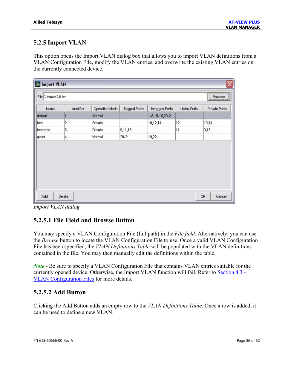 5 import vlan, 1 file field and browse button, 2 add button | Import vlan | Allied Telesis AT-VIEW PLUS 3.0 VLAN MANAGER User Manual | Page 26 / 52